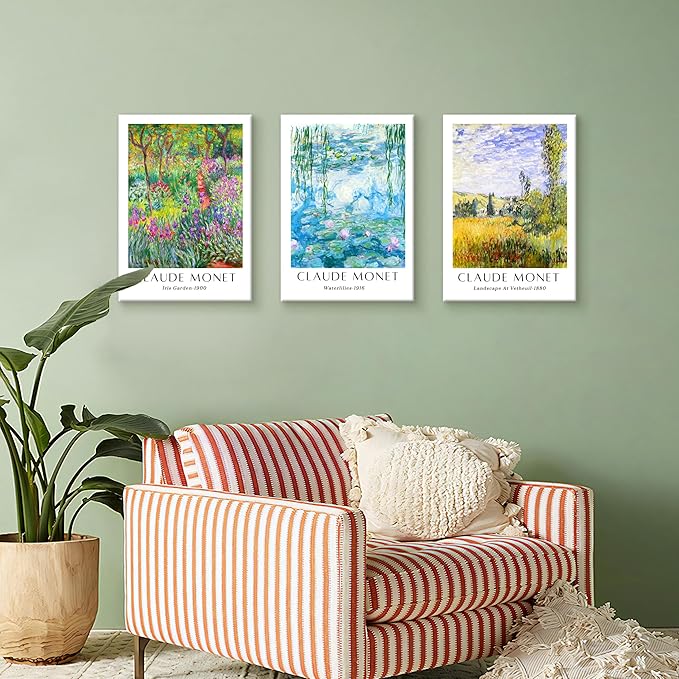 WENGTIAO Claude Monet Canvas Wall Art Prints Monet Iris Garden Landscape Oil Paintings Vintage Impressionist Reproduction Posters Pictures Classic Water Lilies Artwork for Living Room Bedroom 12x16x3