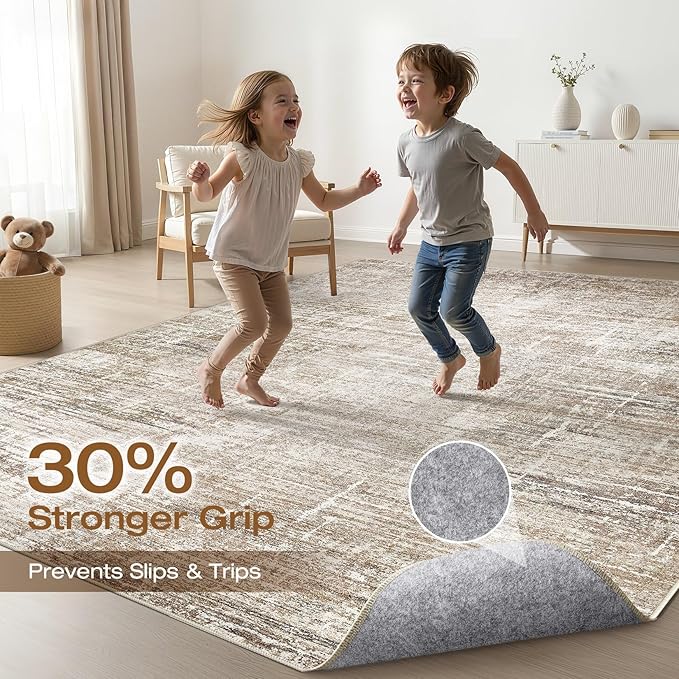 8x10 Area Rugs Living Room: Washable Large Neutral Rug Abstract Soft Modern Stain Resistant Indoor Floor Non-Slip Carpet for Bedroom Nursery Kids Office Playroom Dining Room Under Table- Dark Brown