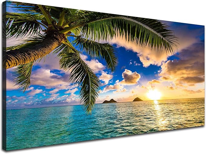 EPHANY Ocean Beach Palm Wall Art - 1 Piece Canvas Wall Art Sunset Scene with Tree Landscape, Stretched and Framed Ready To Hang (B-1pcs,20x40inchx1pcs)