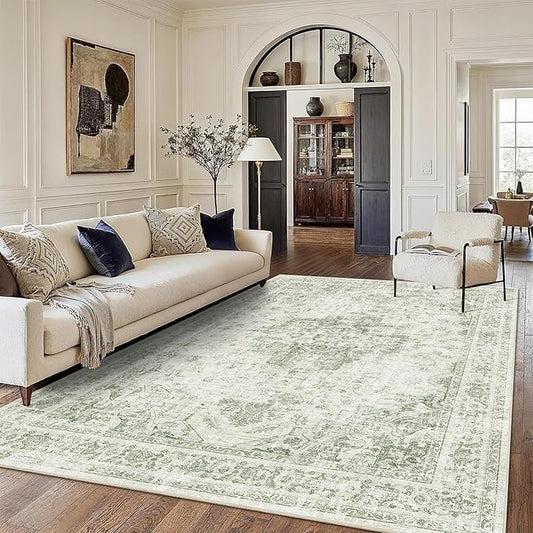 8x10 Vintage Washable Area Rugs Boho Medallion Large Distressed Retro Accent Carpet Floral Non-Slip Soft Low Pile Indoor Throw Rug for Living Room Bedroom Dining Room Office Kitchen, Green