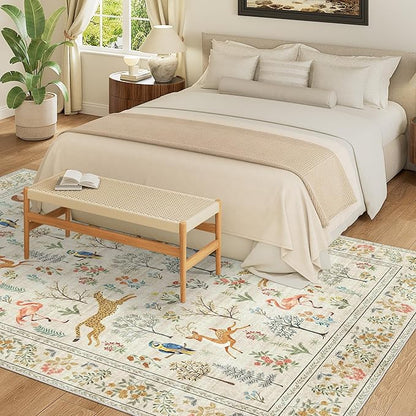 DUKINO 8x10 Rug, Washable Animal Living Room Rug with Non Slip Vintage Design, Soft Low Pile Large Carpet for Bedroom, Nursery, Dining Room, Farmhouse, Playroom, White