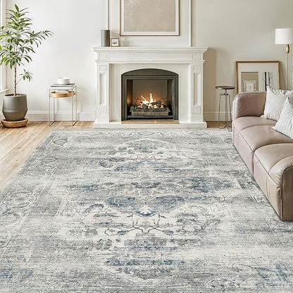 10x14 Living Room Rug - Large Washable Non Slip Vintage Rugs Low Pile Stain Resistant Distressed Carpet for Bedroom Dining Room Home Office 10'x14' Blue/Grey