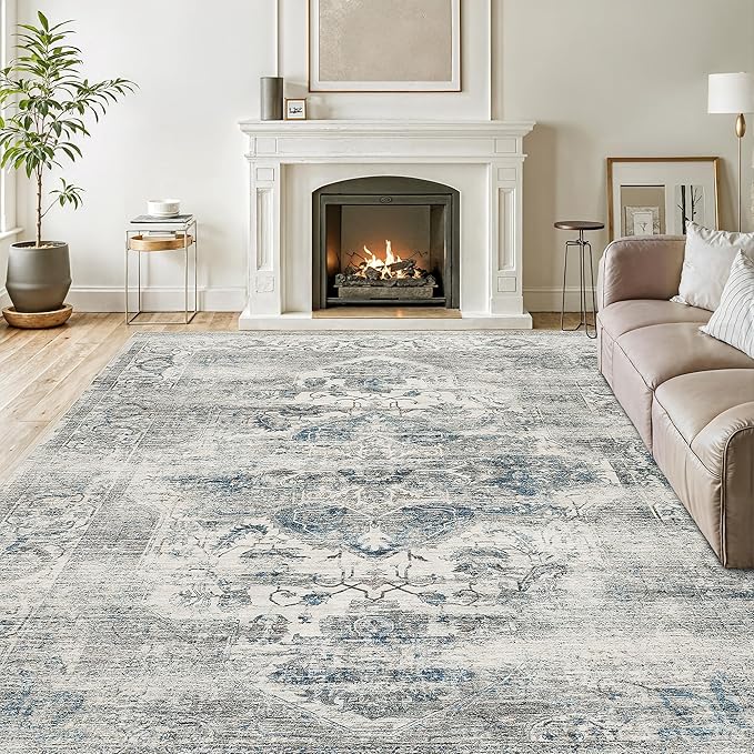 8x10 Area Rugs for Living Room, Machine Washable Non Slip Vintage Rug, Non-Slip Stain Resistant, Large Soft Home Decor Rug for Bedroom Dining Room (Blue/Grey,8'x10')