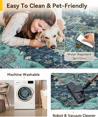 RELEANY Area Rugs Round 4ft Washable Non-Slip, Floral Vintage Distress Print Pattern Medallion Carpet for Living Room Bedroom Dining Room, Teal Green Lake Blue Turquoise