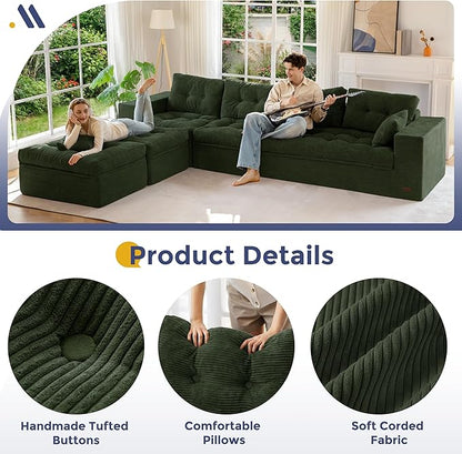 MAXYOYO 132" U Shaped Modular Sectional Sofa with 2 Ottomans, Cloud Boneless Couch with Layered Cushion, Flexible Module Combination Sofa for Living Room, No Assembly Required, Dark Green