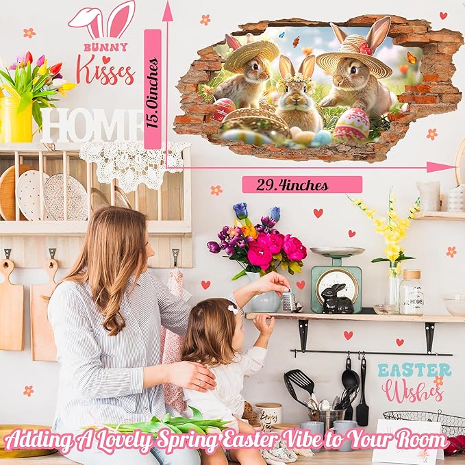 Easter Wall Decals Easter Decoration Stickers Bunny Wall Decals Peel and Stick Broken Wall Spring Landscape Wall Sticker Rabbits Vinyl Decal Art Murals for Home Living Room Kitchen Holiday Supplies