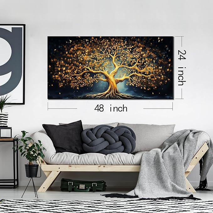 Ouzzlie Gold Picture Wall Decor for Bedroom Tree Canvas Art Black Wall Art for Office Dining Room Large Print Living Room 24"x 48"