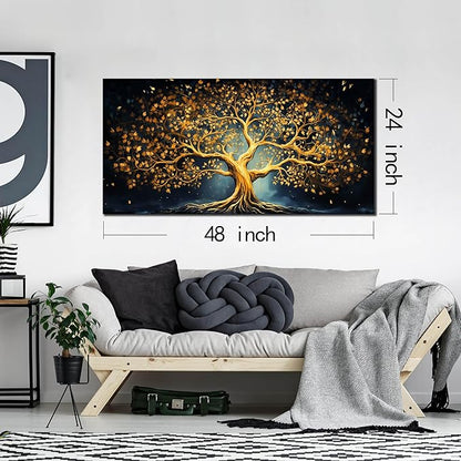 Ouzzlie Gold Picture Wall Decor for Bedroom Tree Canvas Art Black Wall Art for Office Dining Room Large Print Living Room 24"x 48"