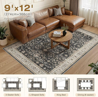 Area Rug for Living Room - 9x12 Soft Washable Oriental Vintage Floral Distressed Large Carpet - Fade Stain Resistant Non Slip Rugs for Bedroom Dining Room Nursery Dorm Office Home Decor - Black