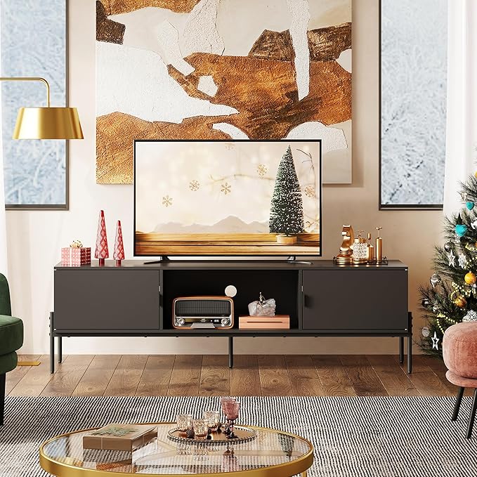 WLIVE TV Stand for 65 Inch TV, Mid Century Modern Entainment Center with 2 Storage Cabinets & Open Shelf, TV Console Table Media with Metal Legs for Living Room, Bedroom, Black