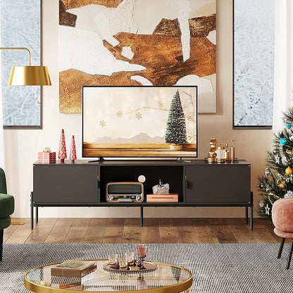 WLIVE TV Stand for 65 Inch TV, Mid Century Modern Entainment Center with 2 Storage Cabinets & Open Shelf, TV Console Table Media with Metal Legs for Living Room, Bedroom, Black