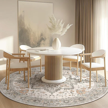 GENIMO 7FT Round Area Rugs for Living Room, Circle Rugs Machine Washable Low Pile, Chenille Non Slip Vintage Rug for Bedroom, Dining Room, Home Office, Light Taupe Brown