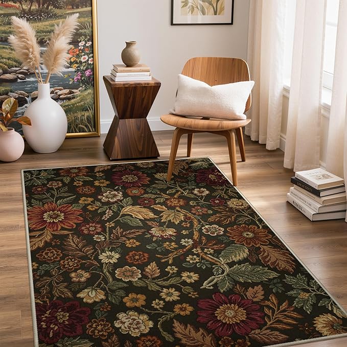 GENIMO 3X5 Washable Area Rugs for Living Room, Vintage Floral Print Non-Slip Low Pile Carpet, Stain Resistant Soft Chenille Rugs for Bedroom Dining Room Home Office, Floral Brown