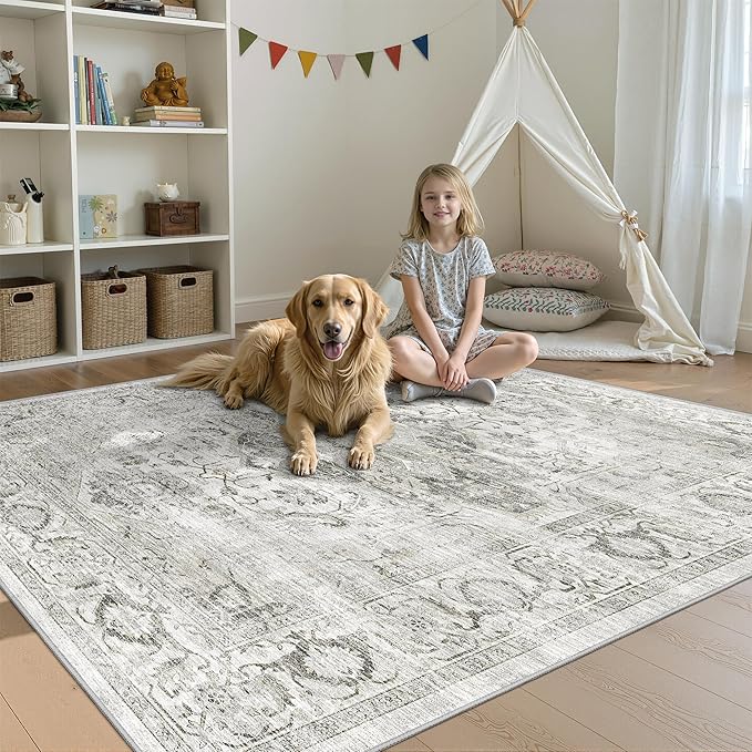4x6 Area Rugs for Living Room, Machine Washable Non Slip Vintage Rug, Non-Slip Stain Resistant, Large Soft Home Decor Rug for Bedroom Dining Room (Ivory/Gray,4'x6')