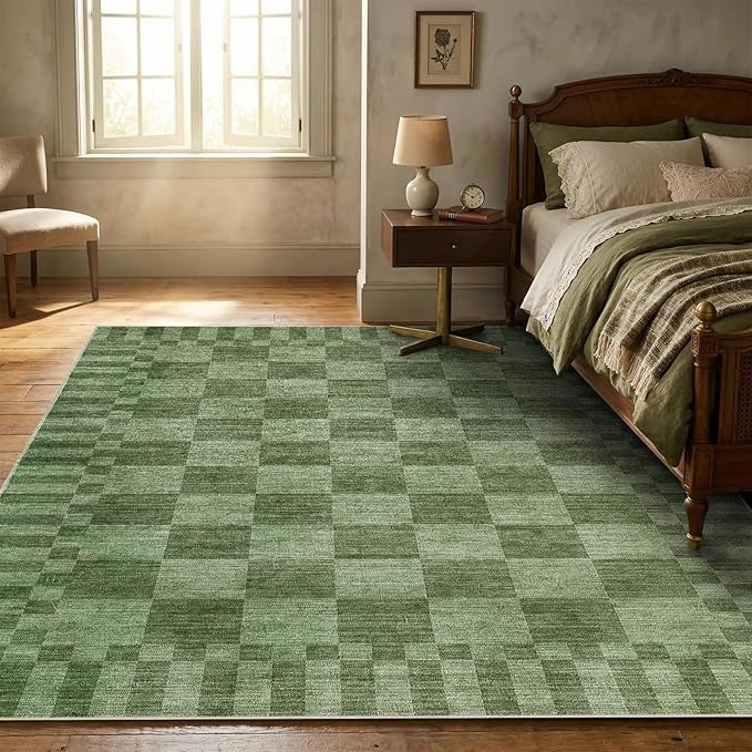 GarveeHome Moss Green Checkered Rug,Washable 3x5 Rug Non Slip for Entryway,Modern Soft Low-Pile,Neutral Farmhouse Geometric Checkerboard Rug,Small Area Rugs for Bedroom Kitchen Dining Room