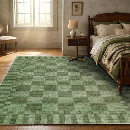 GarveeHome Moss Green Checkered Rug,Washable 3x5 Rug Non Slip for Entryway,Modern Soft Low-Pile,Neutral Farmhouse Geometric Checkerboard Rug,Small Area Rugs for Bedroom Kitchen Dining Room