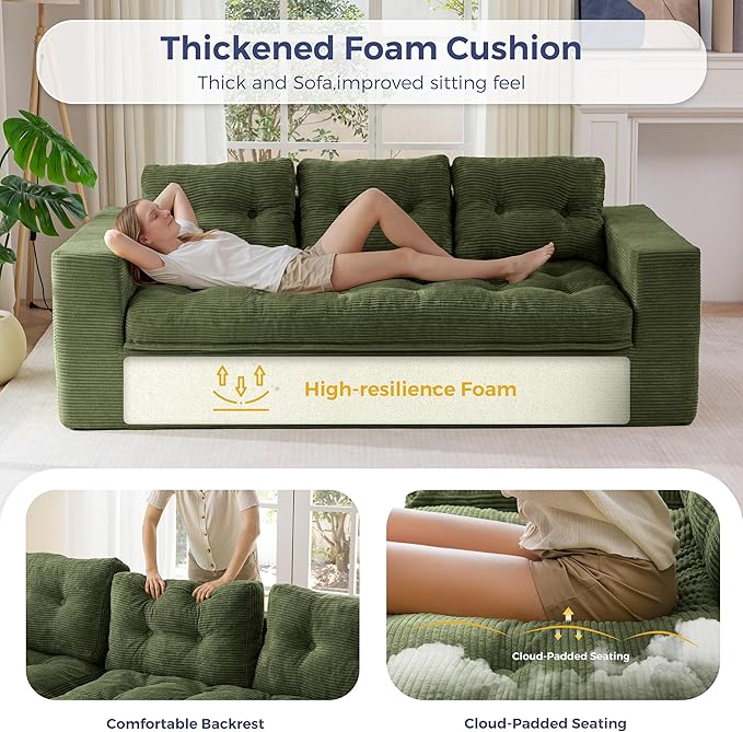 MAXYOYO 79" Loveseat Sofa Couch for Small Spaces, Upholstered Boneless Cloud Couch for Apartment Bedroom, 3-Seater Love Seat Floor Modern Sofa with Pillows, No Assembly Required, Dark Green