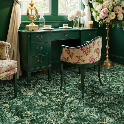 Dark Green Vintage Area Rug 4x6 for Living Room Bedroom, Washable Distressed Farmhouse Soft Thin Non-Shedding Indoor Throw Rug, Traditional Accent Carpet for Bedroom Office