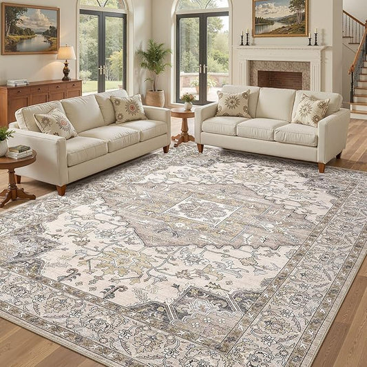 10x14 Washable Area Rugs for Living Room: Non Slip Vintage Brown Rug, Large Soft Stain Resistant Indoor Floor Carpets for Bedroom Dining Room Farmhouse Nursery Home Office Kid & Pet Friendly