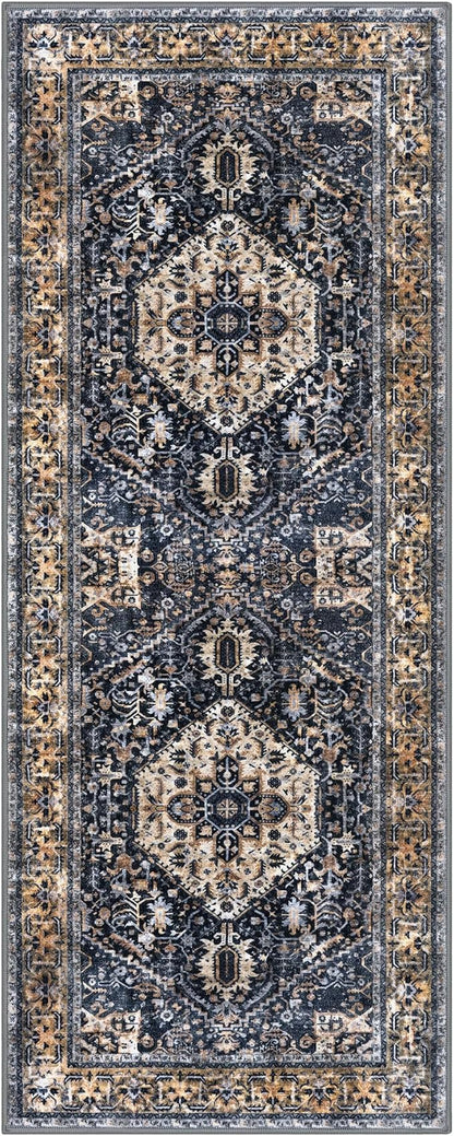 KOZYFLY Runners for Hallways 2.6x8 Ft Washable Kitchen Runner Rug Boho Runner Rug for Entryway Indoor Gold/Orange/Navy Printed Oriental Faux Wool Floor Carpet Runner for Bedroom