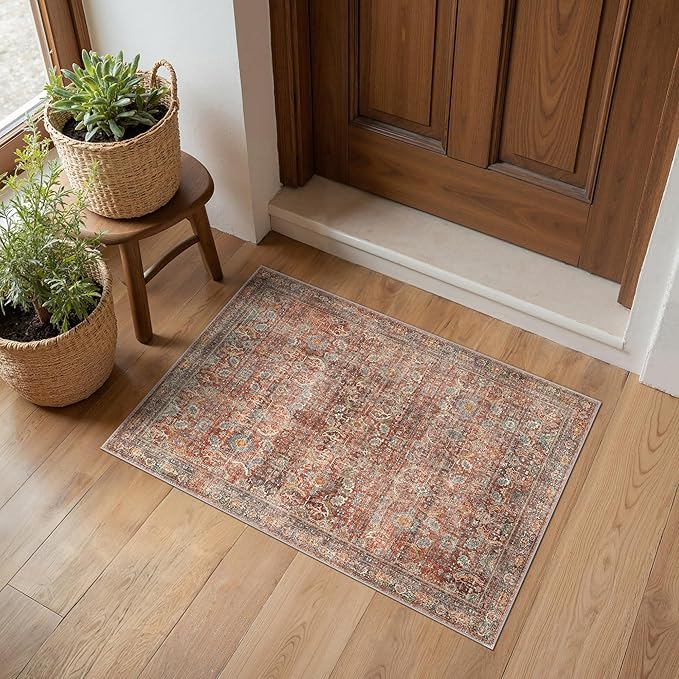 2x3 Entrance Rug Machine Washable Rug Small Door Mat,Ultra-Thin Low Pile Pad,Lightweight Indoor Carpet,Non Slip Floral Area Rug for Entryway,Bedside,Laundry,Bathroom,Terracotta/Indigo