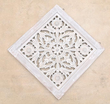 DharmaObjects Handcrafted Lotus Wood Wall Panel Decor Hanging Art 16" X 16" (White Washed)