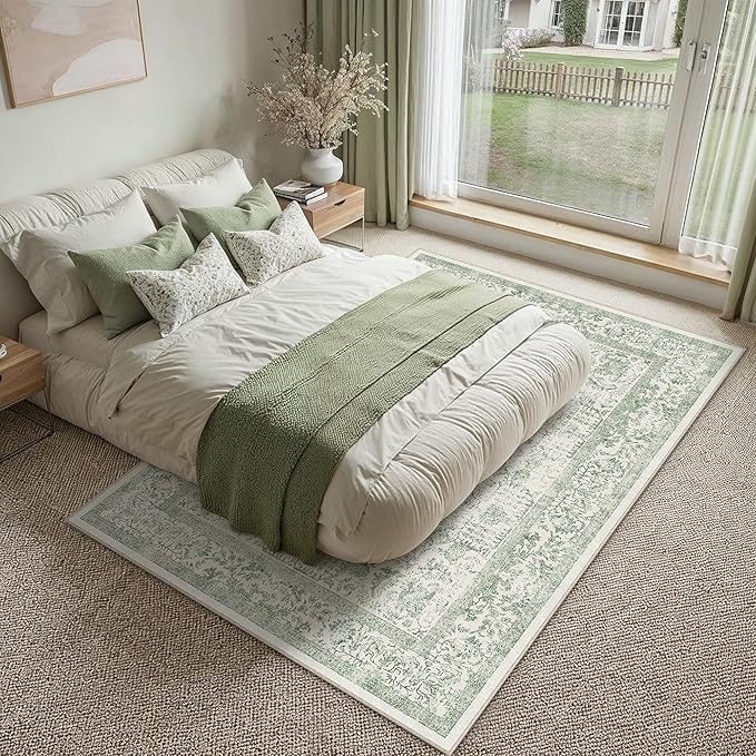 PureCozy Sage Green Area Rug 5x8 Living Room Washable Carpet Vintage Distressed Non Slip Kitchen Carpet Neutral Low Pile Retro Floral Farmhouse Throw Rug for Home Office Bedroom Laundry Dining Room
