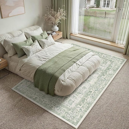 PureCozy Sage Green Area Rug 5x8 Living Room Washable Carpet Vintage Distressed Non Slip Kitchen Carpet Neutral Low Pile Retro Floral Farmhouse Throw Rug for Home Office Bedroom Laundry Dining Room