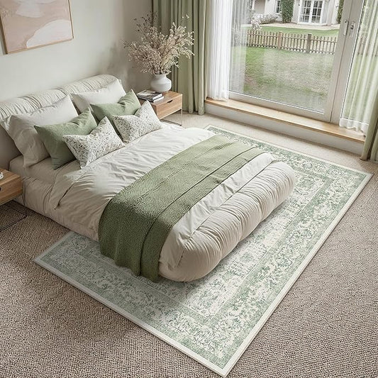 PureCozy Sage Green Area Rug 5x8 Living Room Washable Carpet Vintage Distressed Non Slip Kitchen Carpet Neutral Low Pile Retro Floral Farmhouse Throw Rug for Home Office Bedroom Laundry Dining Room