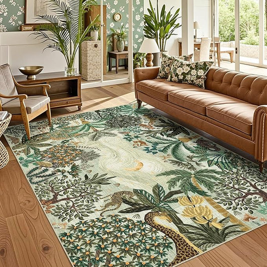 GarveeHome 5x7 Jungle Area Rug Washable Rugs for Living Room Bedroom, Soft Low Pile Non Slip Accent Floor Mat Animal Print Green Throw Rug Indoor Carpet Dining Room Playroom