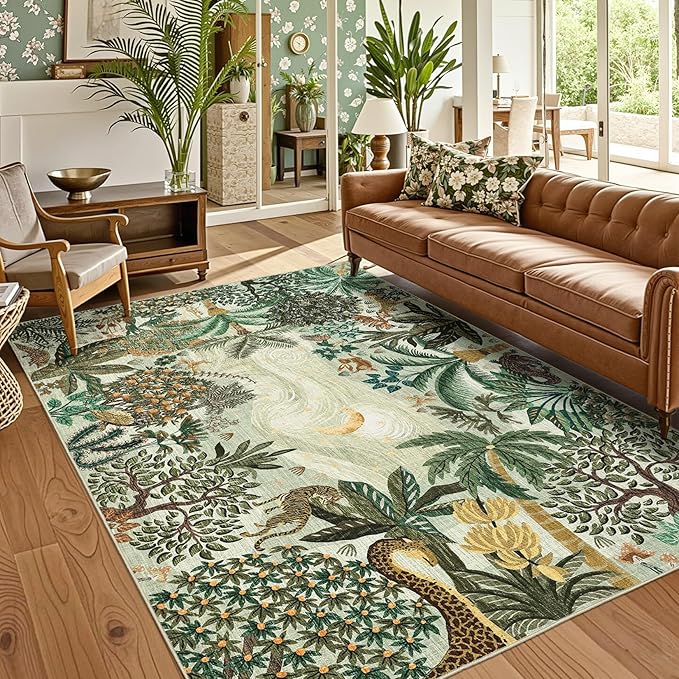 GarveeHome Area Rugs 8x10 for Living Room, Jungle Animal Large Washable Rug Soft Non Slip Backing Floor Mat Carpet Indoor Thin Green Accent Rug for Bedroom Dining Room Playroom Nursery Home Decor