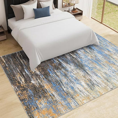 ROYHOME Washable Rug 5x7 Abstract Area Rug for Living Room, Non Slip Foldable Soft Rugs for Bedroom, Stain Resistant Rugs Modern Fuzzy Rug, Indoor Floor Carpet for Entryway Home, Blue/Brown