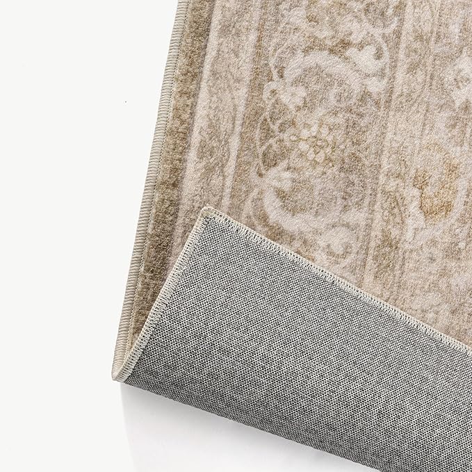 PureCozy Brown 8x10 Area Rug Washable Living Room Vintage Carpet Bedroom Large Indoor Non Slip Soft Low Pile Thin Stain Resistant Distressed Accent Throw Rug for Dining Office Nursery