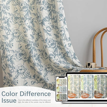 Blue Floral Curtains for Bedroom Living Room,63 Inch Length Linen Blend Curtains with Vintage Peony,Privacy Light Filtering Farmhouse Drapes Grommets 2 Panels Set, 50" W X 63" L,Navy Blue