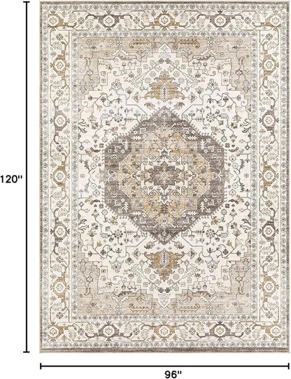 Area Rug for Living Room - 8x10 Soft Washable Oriental Vintage Floral Distressed Large Carpet - Fade Stain Resistant Non Slip Rugs for Bedroom Dining Room Nursery Dorm Office Home Decor-Camel/Beige
