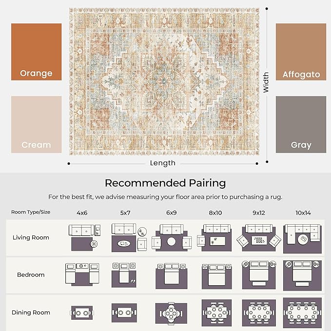 Kokia Washable Area Rugs 9x12 Living Room Boho Non Slip Thin Carpet Stain Resistant Vintage Orange Printed Oriental Distressed Rug for Bedroom Low Pile