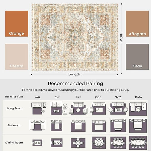 Kokia Washable Area Rugs 10x14 Living Room Boho Non Slip Thin Carpet Stain Resistant Vintage Orange Printed Oriental Distressed Rug for Bedroom Low Pile