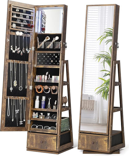 Nicetree 360° Swivel Jewelry Cabinet with Lights, Touch Screen Vanity Mirror, Rotatable Full Length Mirror with Jewelry Storage, Standing Jewelry Armoire Organizer, Gift Idea, Rustic Brown