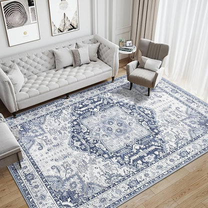Washable 5x7 Area Rug - Soft Indoor Blue Non Slip Rugs for Living Room Bedroom Low Pile Stain Resistant Vintage Carpet for Home Decor Mat (Navy/Blue,5'x7')