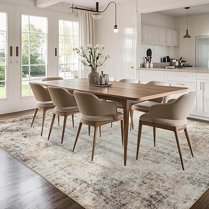 Washable Abstract Living Room Rugs: 8x10 Modern Neutral Indoor Rug for Bedroom Dining Room - Soft Thin Rubber Backing Easy Clean Floor Carpet Contemporary Home Decor - Beige Brown