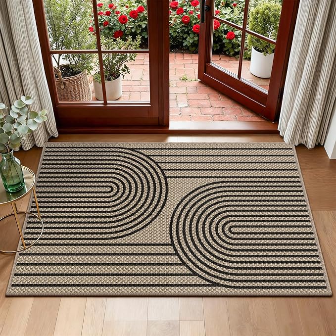 Easy Jute Front Door Mat, 2' x 3' Entryway Porch Rug, Black Farmhouse Ultra-Thin Washable Non-Slip Mat for Indoor Foyer & Outdoor Patio Decor