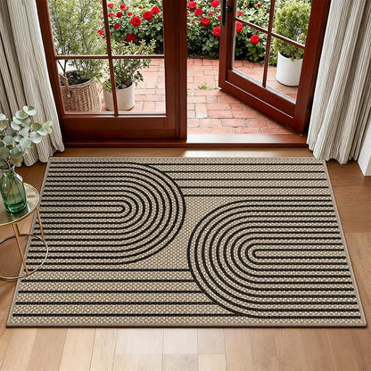Easy Jute Front Door Mat, 2' x 3' Entryway Porch Rug, Black Farmhouse Ultra-Thin Washable Non-Slip Mat for Indoor Foyer & Outdoor Patio Decor