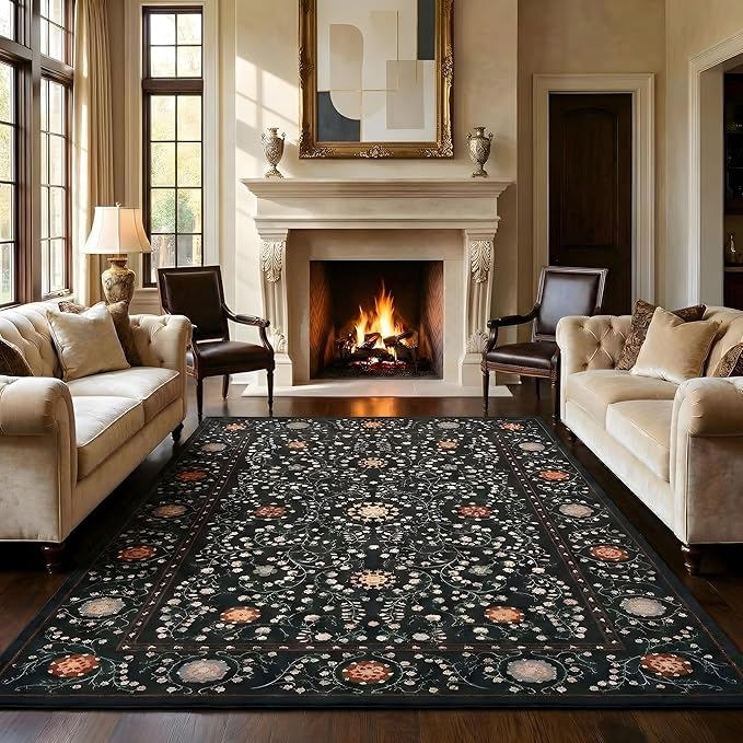 GarveeHome Boho 5x7 Area Rug for Bedroom, Floral Vintage Rugs for Living Room with Soft Low Pile, Non Slip Botanical Washable Rugs 5x7 for Dining Room Black Carpet for Entryway Dorm Office Playroom
