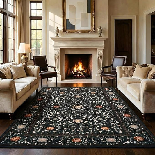 GarveeHome Boho 5x7 Area Rug for Bedroom, Floral Vintage Rugs for Living Room with Soft Low Pile, Non Slip Botanical Washable Rugs 5x7 for Dining Room Black Carpet for Entryway Dorm Office Playroom