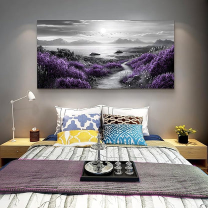 FUHAIHUA Large Wall Decor For Living Room Canvas Wall Art For Office Wall Decorations For Bedroom purple flowers Landscape Painting Black and white Pictures Artwork Room Home Decor 24x48 In