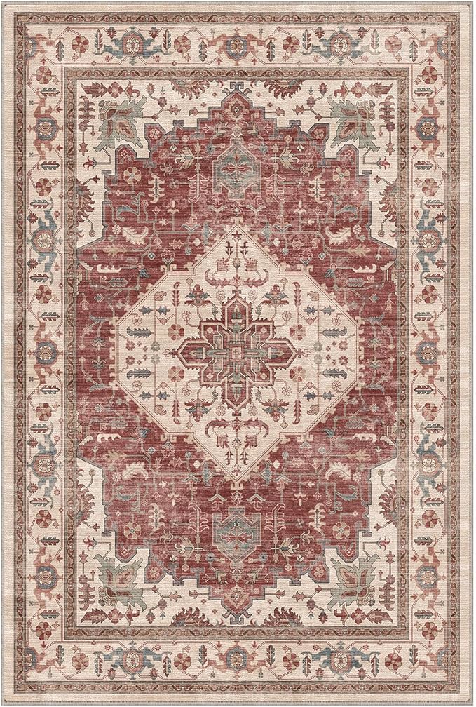 LUMI 8x10 Washable Area Rug for Living Room, Ultra Soft Traditional Vintage Red Rugs Non Slip with Rubber Backing, Low Profile, High Traffic, Stain Resistant Carpets, Ideal for Bedroom, Dining Room