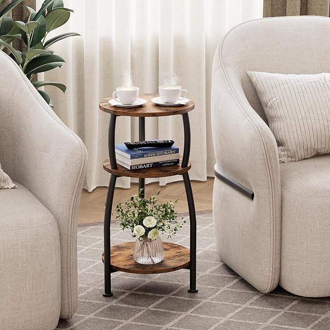 Small Round Side Table for Small Spaces, 3-Tier End Table with Storage Shelf, Slim Night Stand Sofa Corner Table for Living Room Bedroom, Patio and Corner, Rustic Brown