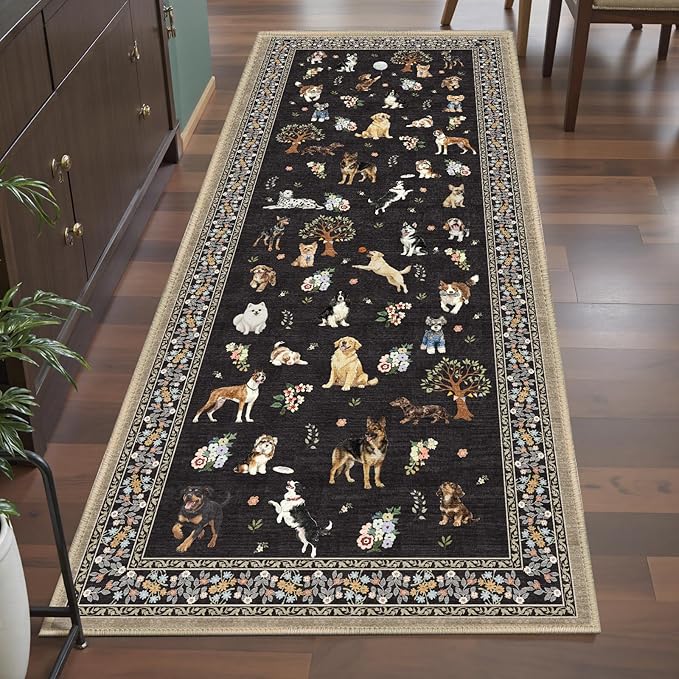 Black Floral Dog Rug Runner, 2x5 Washable Kitchen Mat Ultra-Thin Soft, Non-Slip Indoor Door Carpet Stain Resistant Boho Small Low-Pile Throw for Bathroom Bedroom