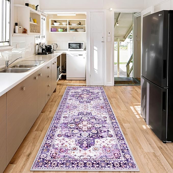 2x6 Rug Runners for Hallways Kitchen Runner Rug Non Slip Washable Long Runner Rugs with Rubber Backing Soft Vintage Carpet for Kitchen, Bedroom, Bathroom, Entryway, Purple