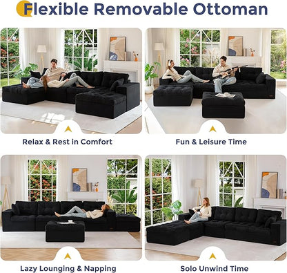 MAXYOYO 132" U Shaped Modular Sectional Sofa with 2 Ottomans, Cloud Boneless Couch with Layered Cushion, Flexible Module Combination Sofa for Living Room, No Assembly Required, Black